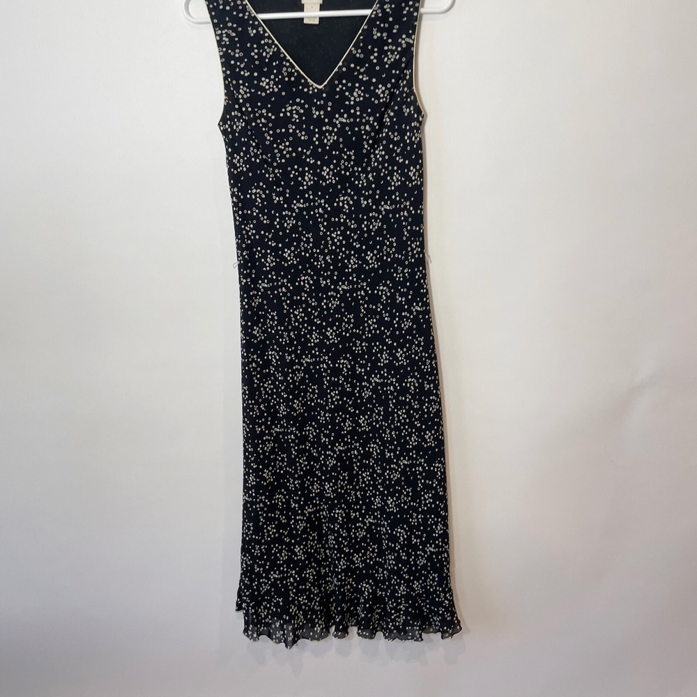 J. Jill Sleeveless Maxi Midi Dress Womens Size 6 Black Printed Ruffle Hem V-neck